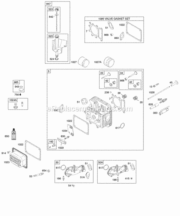 Cylinder Head Gasket Set - Valve Intake Manifold Lubrication Valves Diagram and Parts List for  Briggs and Stratton Engine